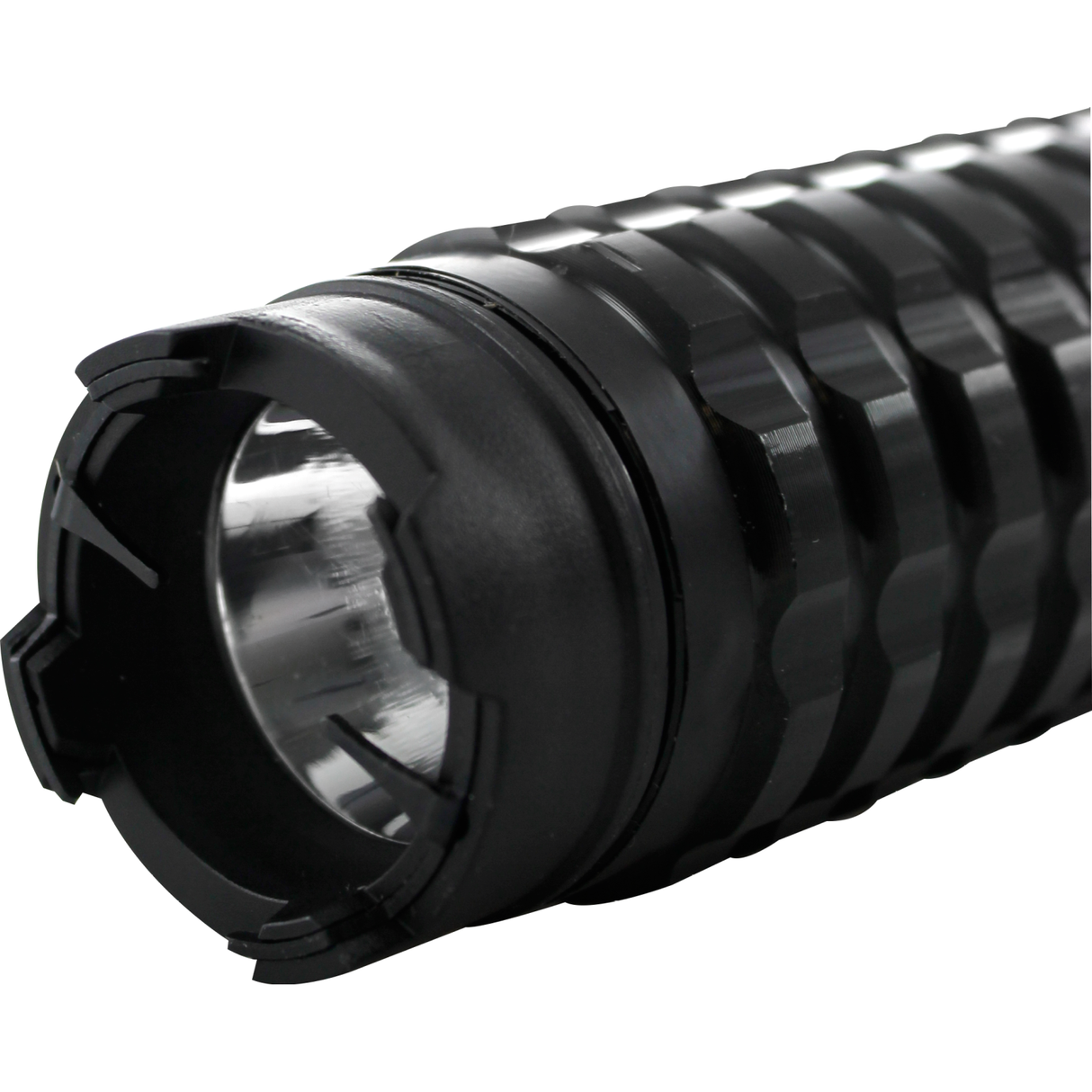 a closeup view of the Streetwise™ Expandable 19" LED Stun Gun Baton 30M, showing its prongs for stunning.