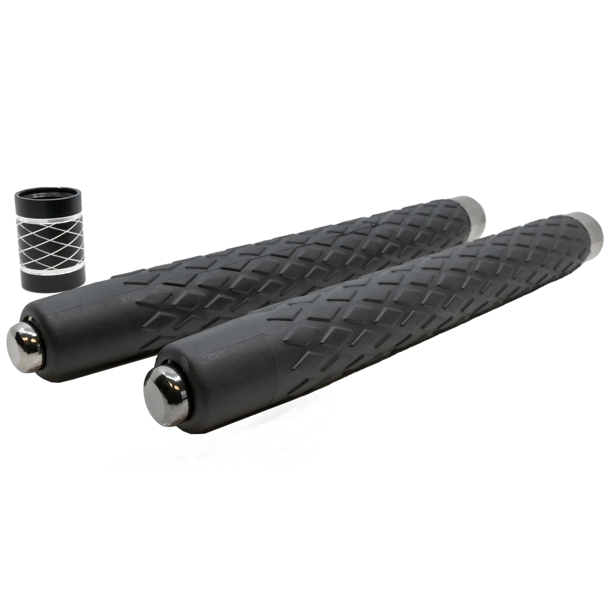 pair of Streetwise™ Expandable 19" LED Stun Gun Baton 30M in a collapsed form with the metal connector