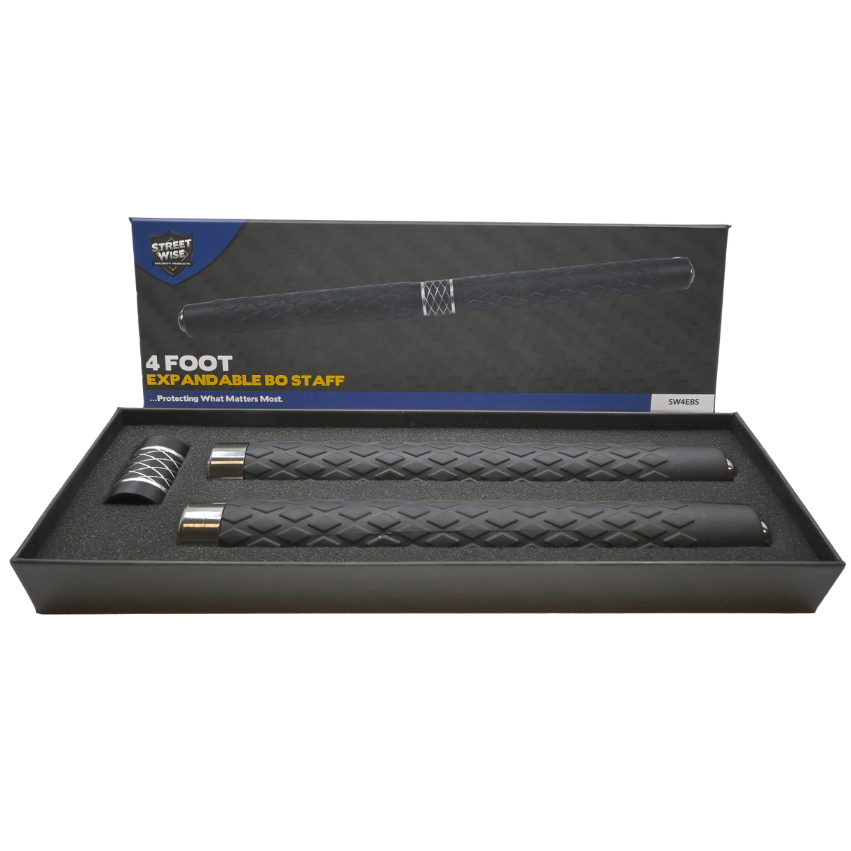 the complete set of the Streetwise™ Expandable 19" LED Stun Gun Baton 30M in its packaging.