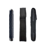 Three views of the 21" Streetwise Expandable Solid Steel Baton: : collapsed, its nylon carrying sheath, and the baton inserted into the sheath