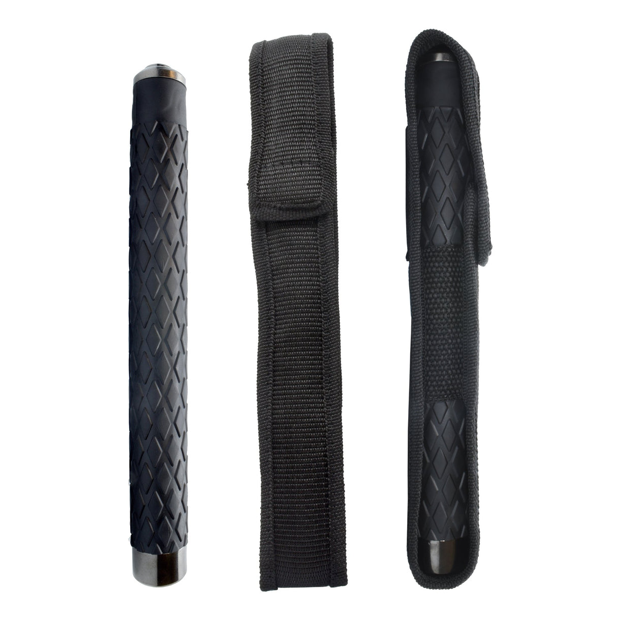 Three views of the 26" Streetwise Expandable Solid Steel Baton: collapsed, its nylon carrying sheath, and the baton inserted into the sheath