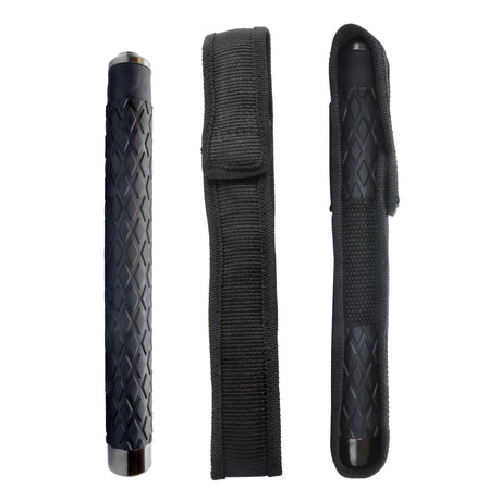 Three views of the 26" Streetwise Expandable Solid Steel Baton: collapsed, its nylon carrying sheath, and the baton inserted into the sheath