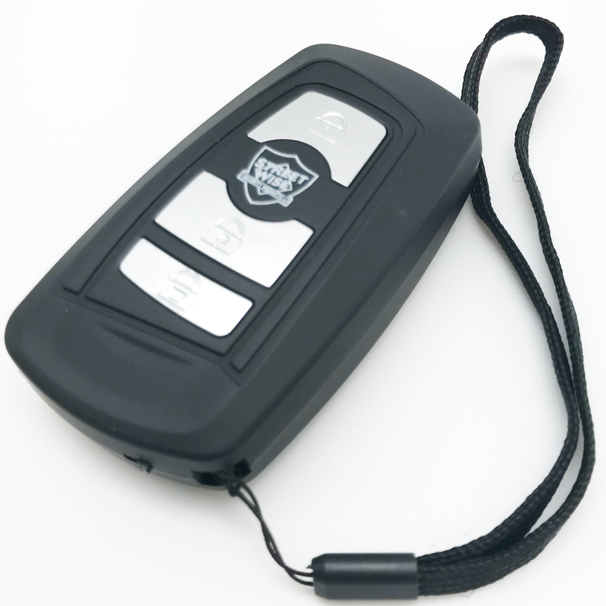 Black Fake Key Fob Mini Stun Gun Panic Alarm with grey buttons and wrist strap