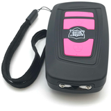 Black Fake Key Fob Mini Stun Gun Panic Alarm with Pink buttons and wrist strap and visible stun probes