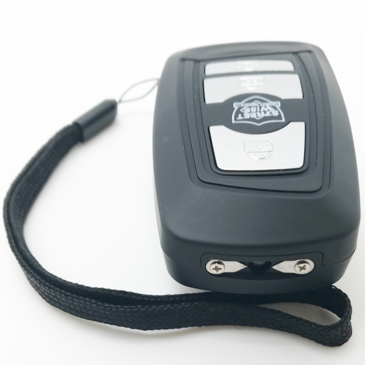 Black Fake Key Fob Mini Stun Gun Panic Alarm with grey buttons and wrist strap and visible stun probes
