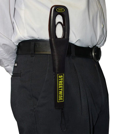 Streetwise Finger Grip Metal Detector in belt loop holster attached to a person's belt