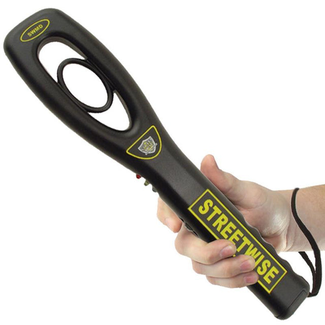 A hand holding a black Streetwise Finger Grip Metal Detector w/ Belt Loop Holster