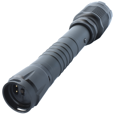 Closeup of the end of Streetwise Guardian Rechargeable Stun Gun Flashlight showing the charging port