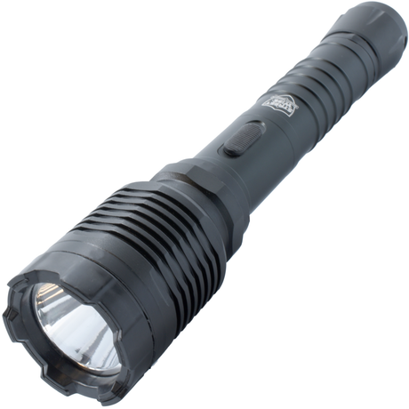 A closeup view of the flashlight of Streetwise Guardian Rechargeable Stun Gun Flashlight 31M