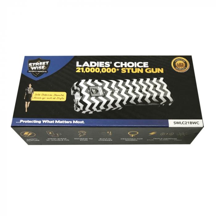 a black and white chevron pattern Streetwise™ Ladies' Choice LED Stun Gun Alarm 21M in packaging.