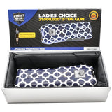  a blue and white geometric patterned Streetwise™ Ladies' Choice LED Stun Gun Alarm 21M in its packaging.