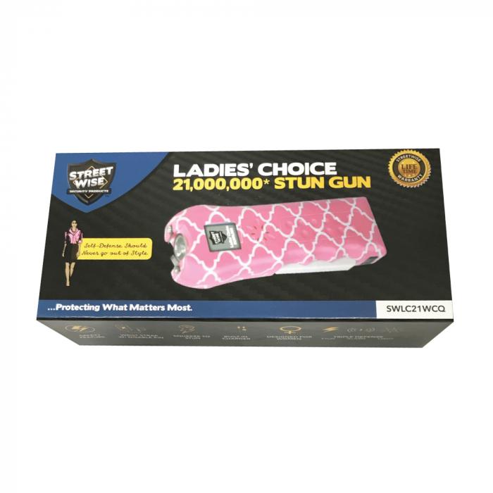 a pink and white patterned Streetwise™ Ladies' Choice LED Stun Gun Alarm 21M in its packaging.