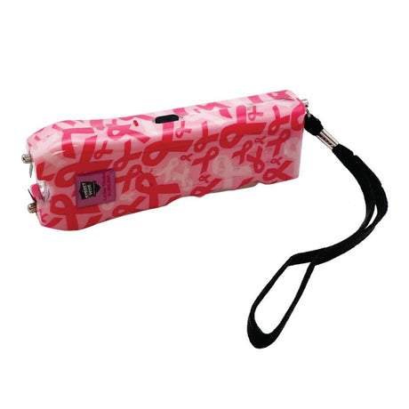 a side view of Pink Street Wise Ladies' Choice stun gun in a pink ribbon pattern and a wrist lanyard