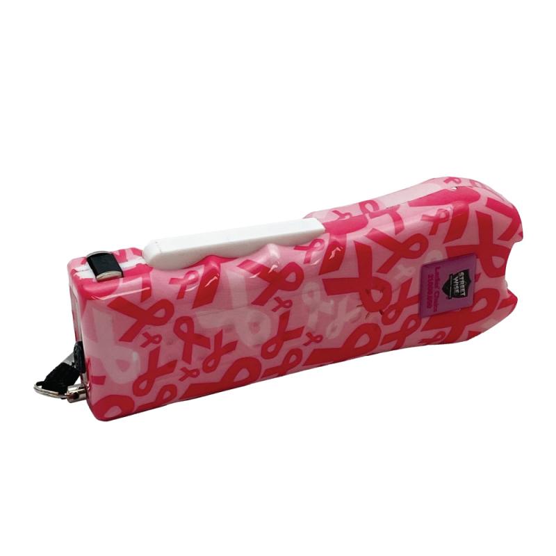 the opposite side view Pink Street Wise Ladies' Choice stun gun in a pink ribbon pattern and a wrist lanyard, showcasing its stun trigger