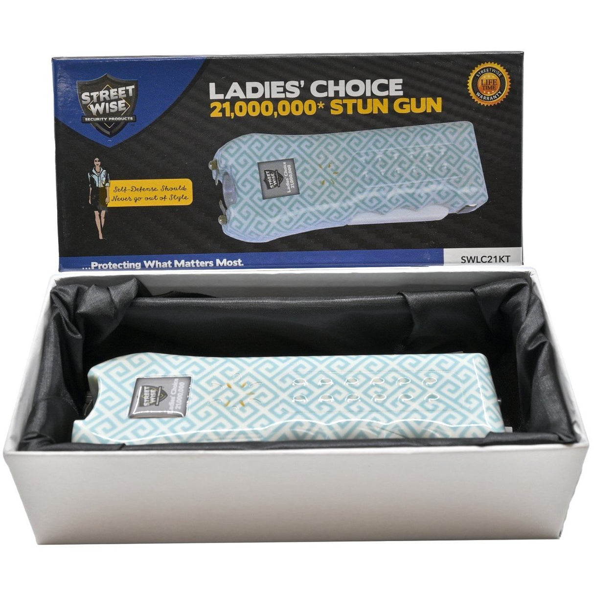 the teal and white geometric patterned Streetwise™ Ladies' Choice LED Stun Gun Alarm 21M in its packaging.