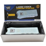 the teal and white geometric patterned Streetwise™ Ladies' Choice LED Stun Gun Alarm 21M in its packaging.