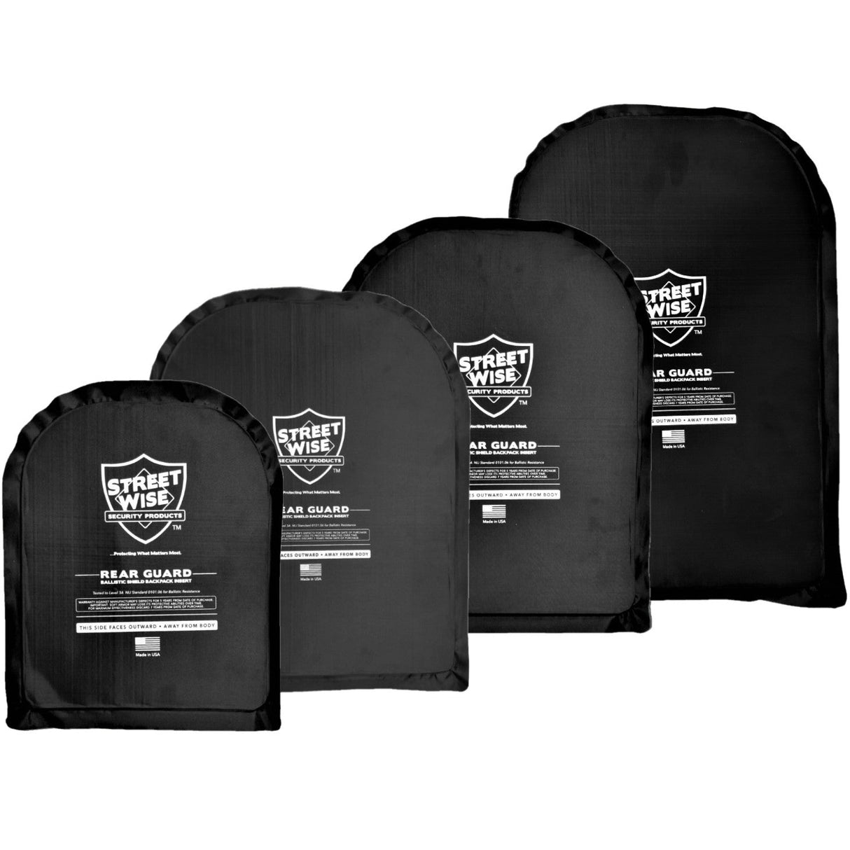 Different sizes of Streetwise Level IIIA Bulletproof Backpack Soft Armor Insert