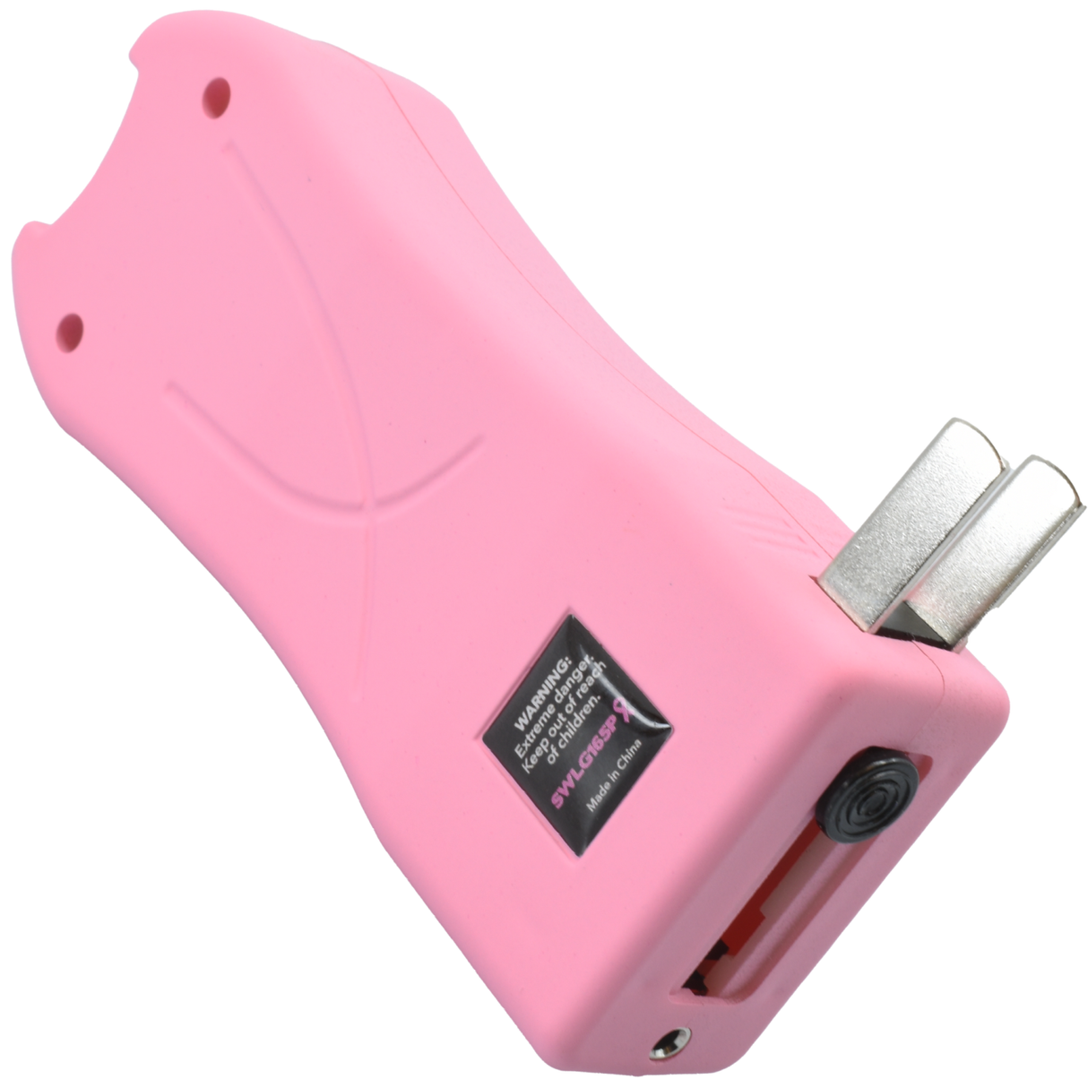 Pink Mini Rechargeable Stun Gun from Streetwise with the two metal charging prongs extended from the base