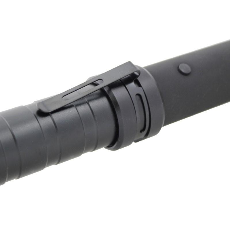 close up view of Streetwise™ Mini Barbarian 14.6" LED Stun Gun Baton 9M Media focusing on its clip