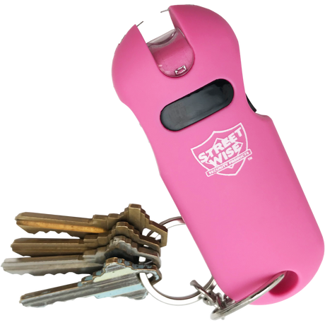 Pink Street Wise mini stun gun and flashlight attached to a keyring with keys