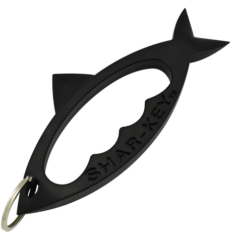 Black shark-shaped self-defense keychain from Streetwise with keyring