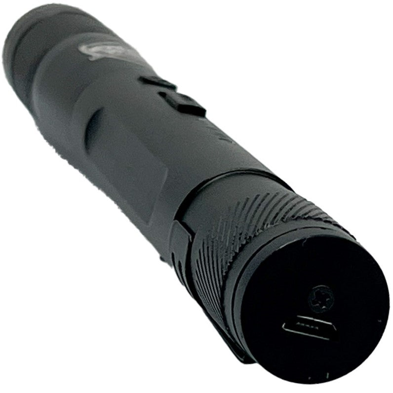 a close up view of the bottom part of a black streetwise streetlight LED flashlight stun gun, showing its USB port.