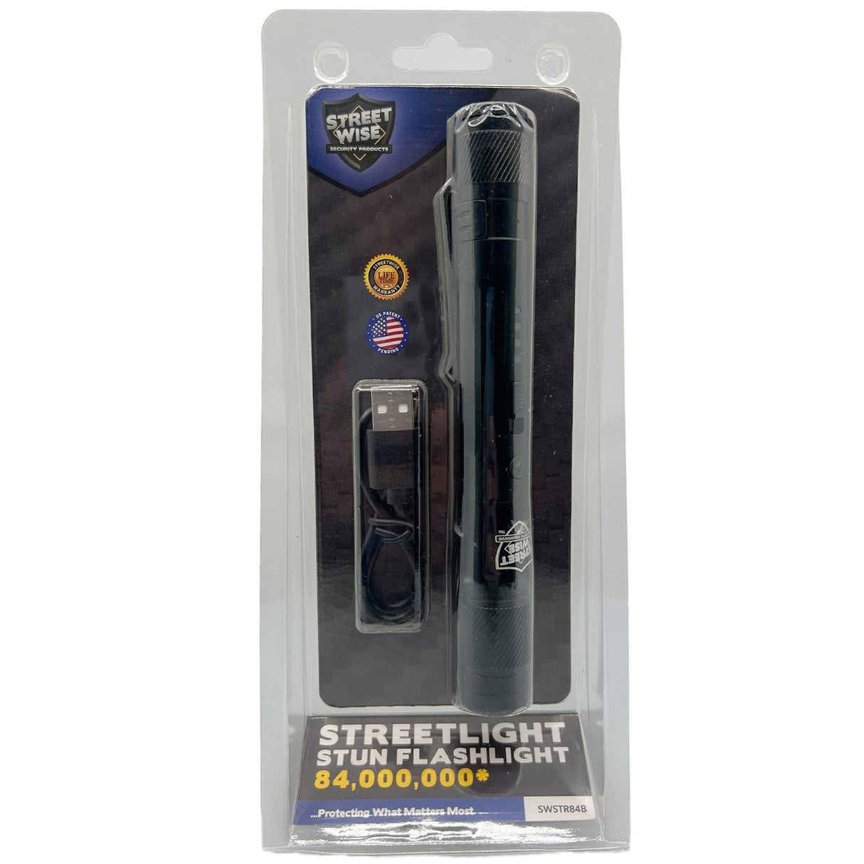 A black streetwise streetlight LED flashlight with its USB recharging cable in packaging.