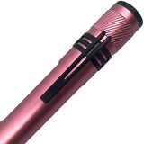 A close up view of a pink streetwise streetlight LED flashlight showcasing its built-in pocket clip.