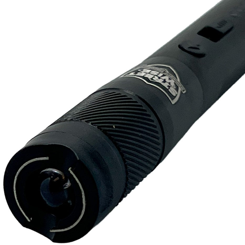 a close up view of a black streetwise streetlight LED flashlight stun gun showcasing its metal prongs