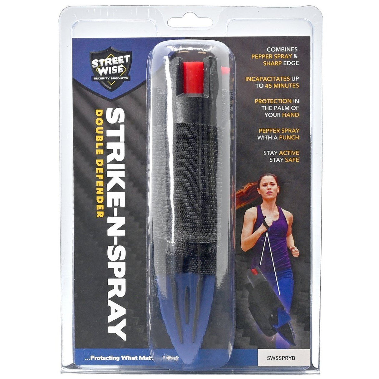 a blue Streetwise™ Strike-n-Spray Double Defender Pepper Spray 1/2 oz. in its packaging 
