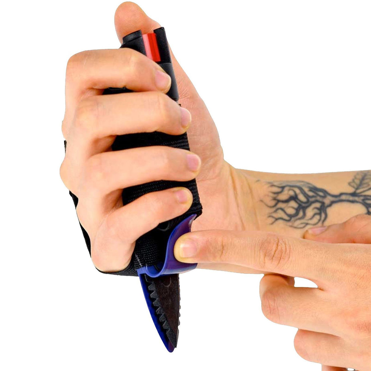 a hand holding a blue Streetwise™ Strike-n-Spray Double Defender Pepper Spray with the other pointing to the striker
