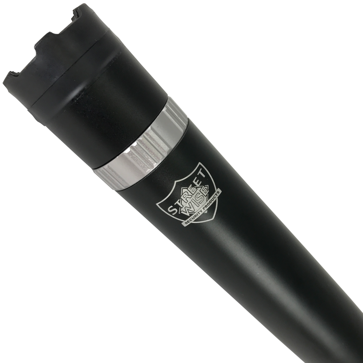 a head view of the Streetwise Triple Defender 17.5" LED Stun Gun Baton 27M near the flashlight bulb.