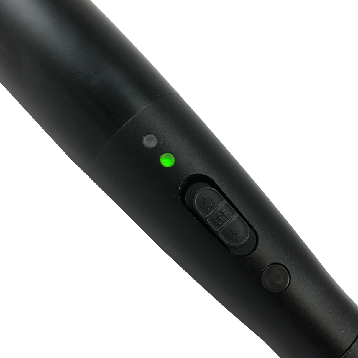 a close up view of the Streetwise Triple Defender 17.5" LED Stun Gun Baton, highlighting a switch that shows where to turn on light or to stun.