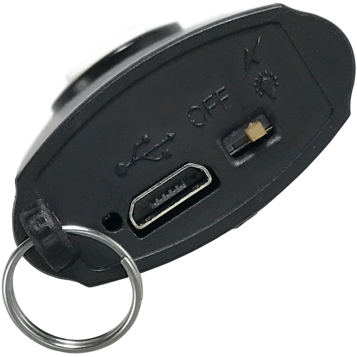a close up of the Streetwise USB Secure Keychain Stun Gun, showing its features, keychain and USB port for charging.