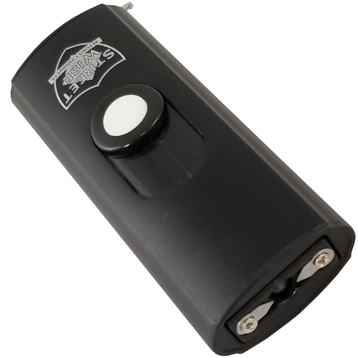 a top view of the Streetwise USB Secure Keychain Stun Gun 22M, showcasing its metal prongs.