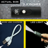 a graphic of the USB stun gun showing its key features, size and charging cord.