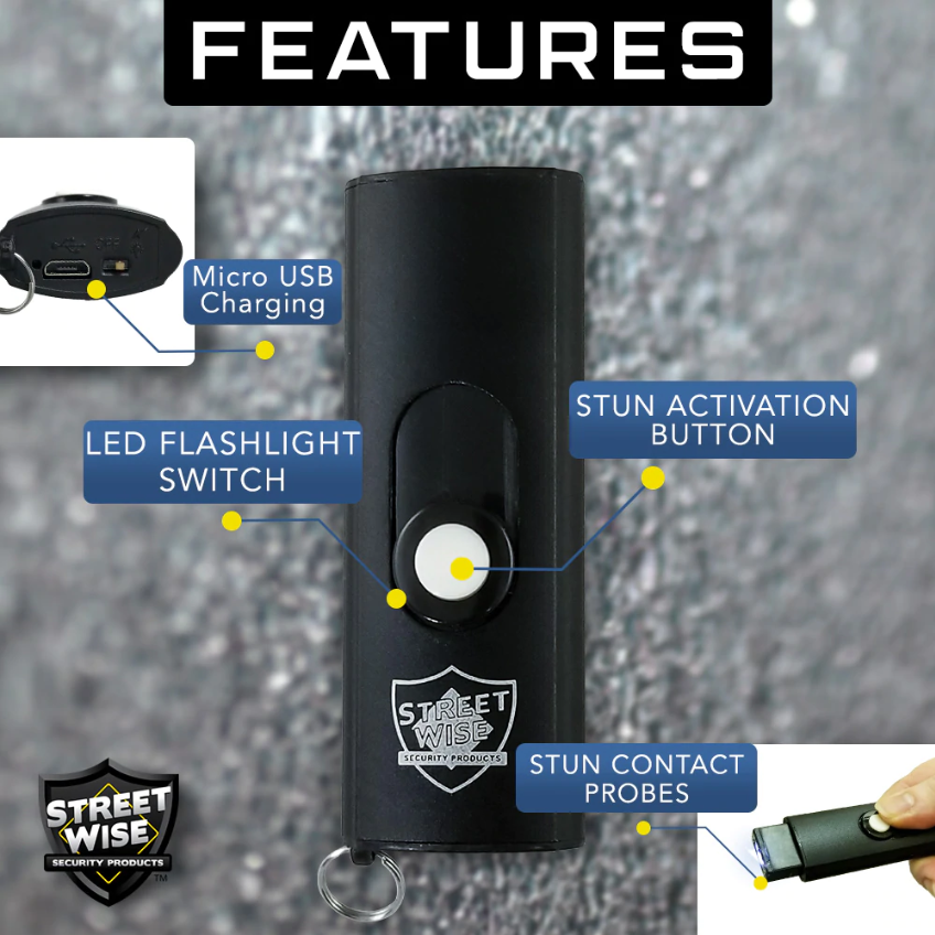 an infographic showing the key features of the USB stun gun from the Stun Gun & Pepper Spray Self-Defense Keychain Weapon Set