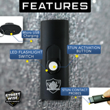 an infographic showing the key features of the USB stun gun from the Stun Gun & Pepper Spray Self-Defense Keychain Weapon Set