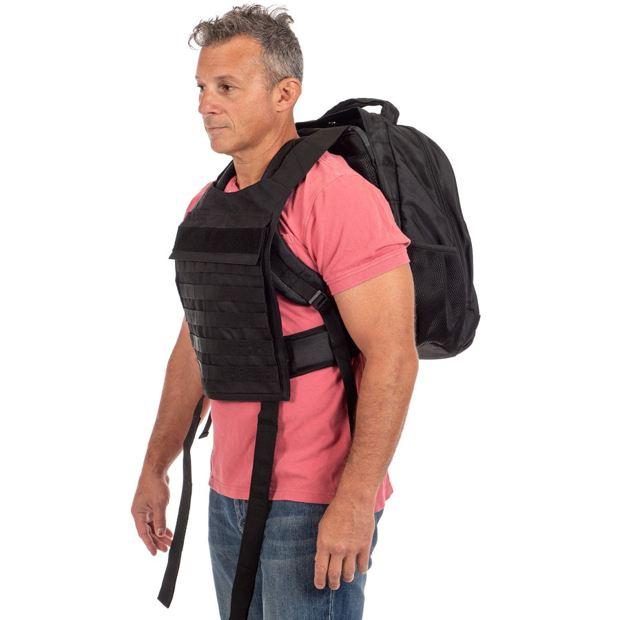 Front vest section and the back of the pack both contain one level 3 bulletproof armor insert