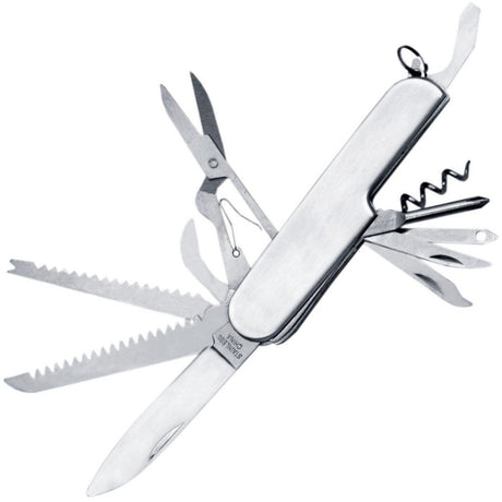 Stainless steel multi-tool pocket knife with various tools extended