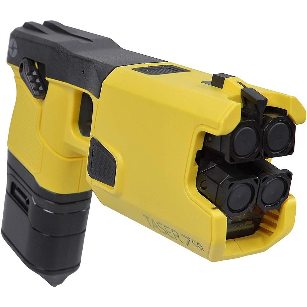 a front view angle of the TASER 7 CQ Home Defense Shooting Stun Gun, highlighting its close quarter cartridges.