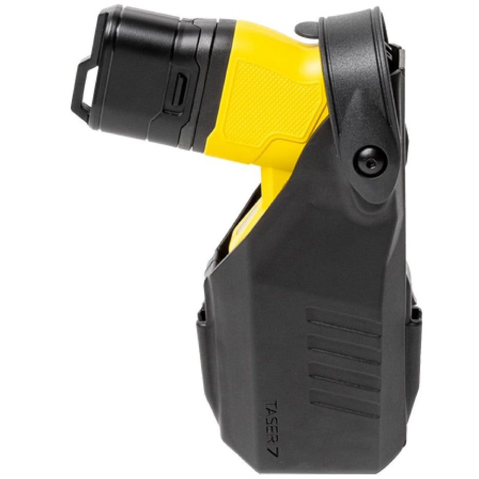 a TASER 7 CQ Home Defense Shooting Stun Gun in its black holster