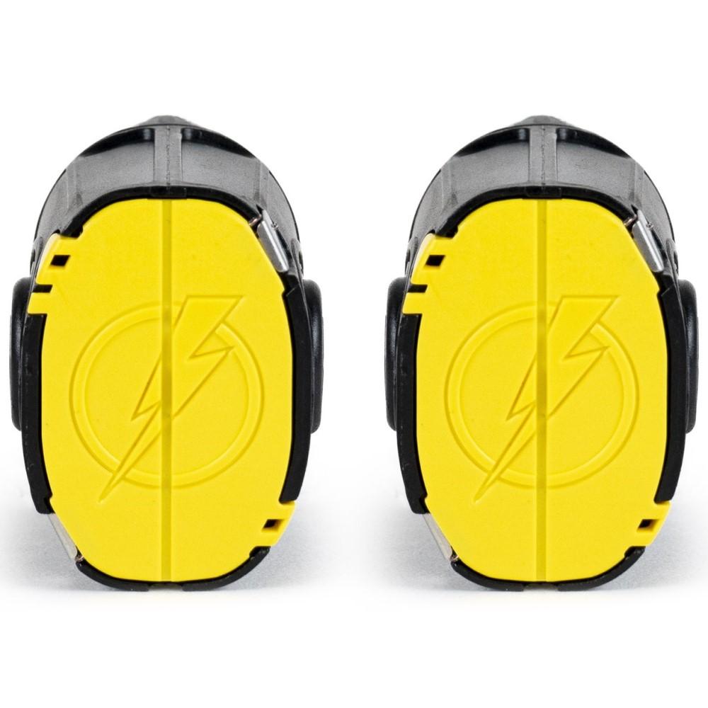 a front angle of a black and yellow TASER X2 reload battery packs