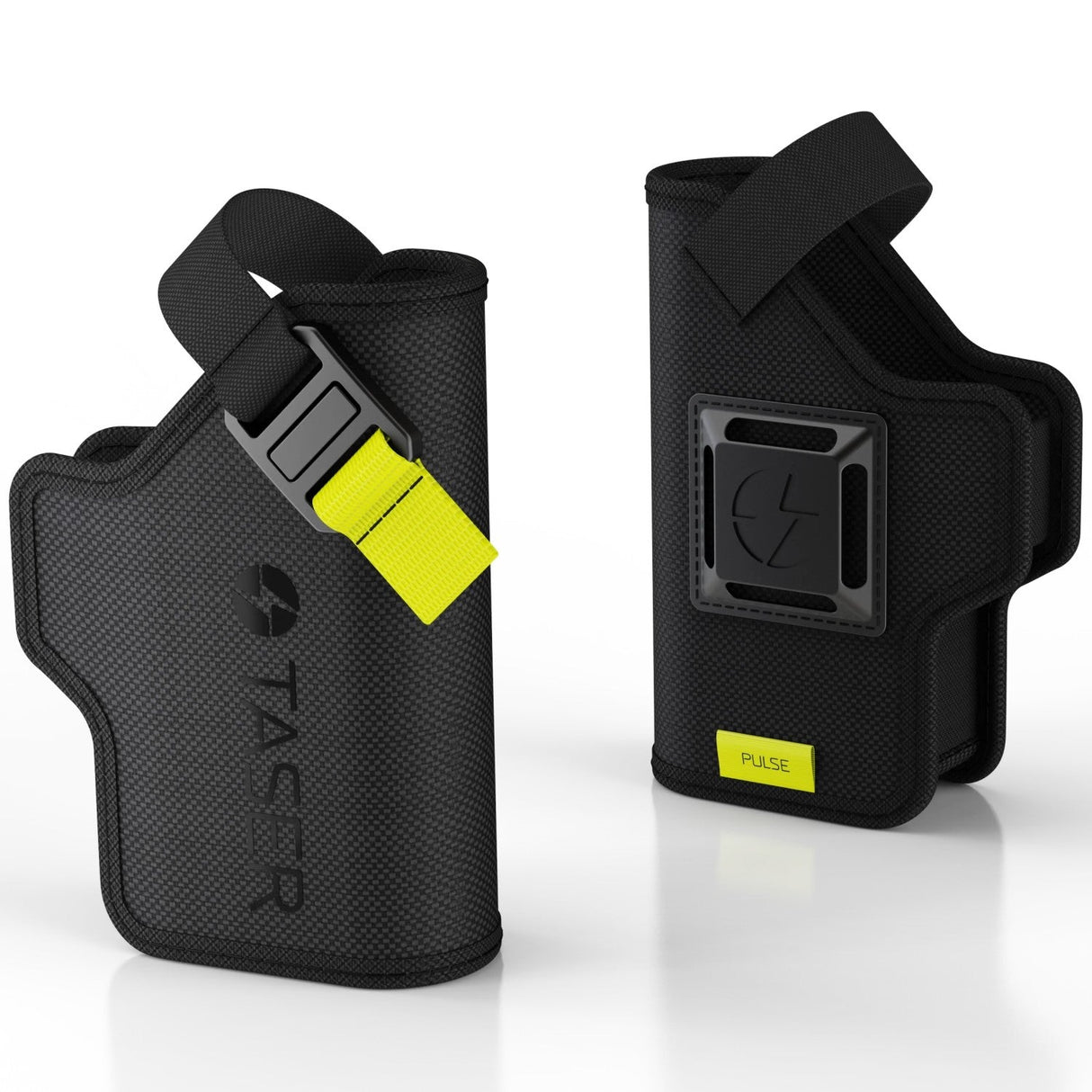 a photo showing both sides of the TASER Pulse Nylon Holster w/ Adjustable Metal Belt Clip