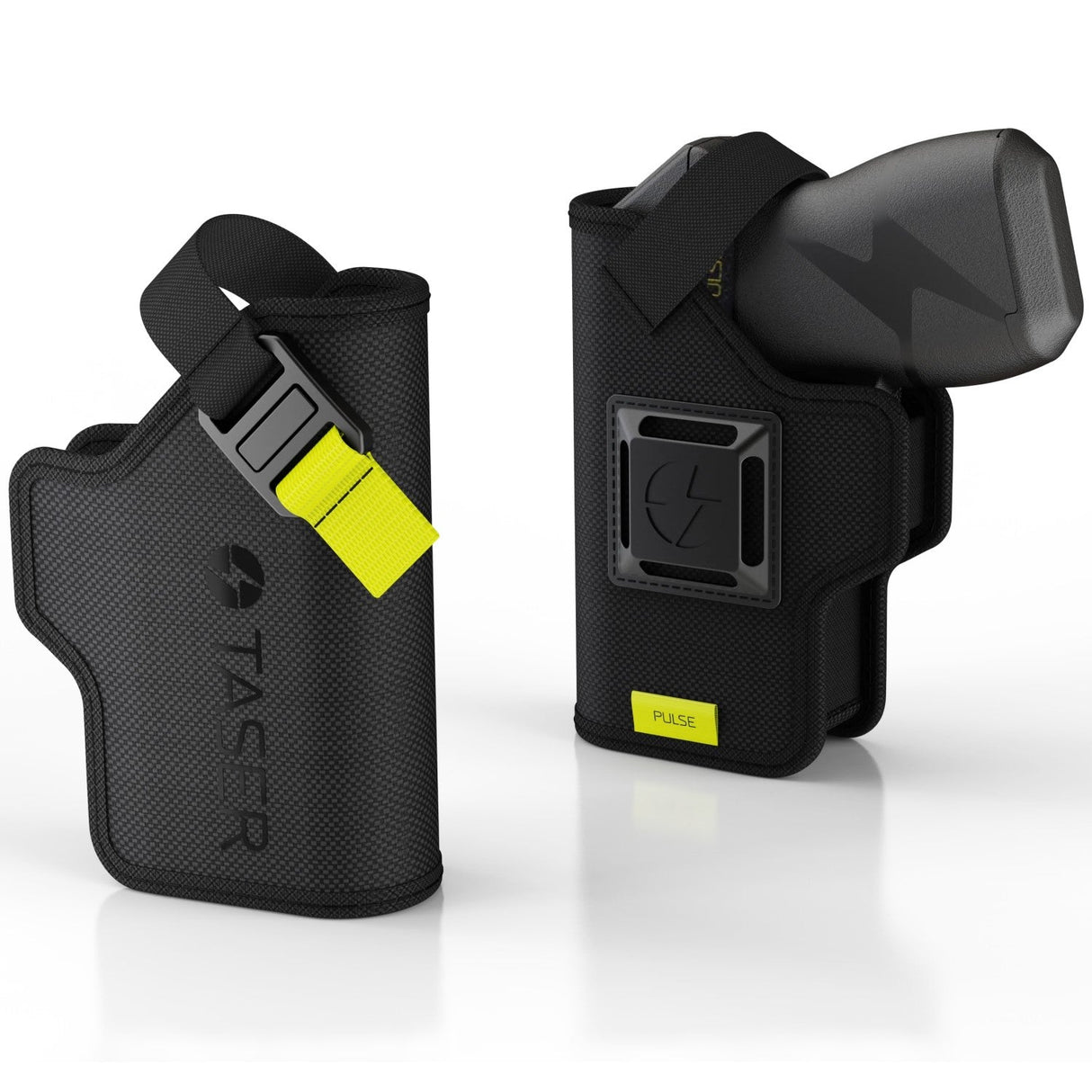 a photo showing both sides of the TASER Pulse Nylon Holster w/ Adjustable Metal Belt Clip with stun gun inside