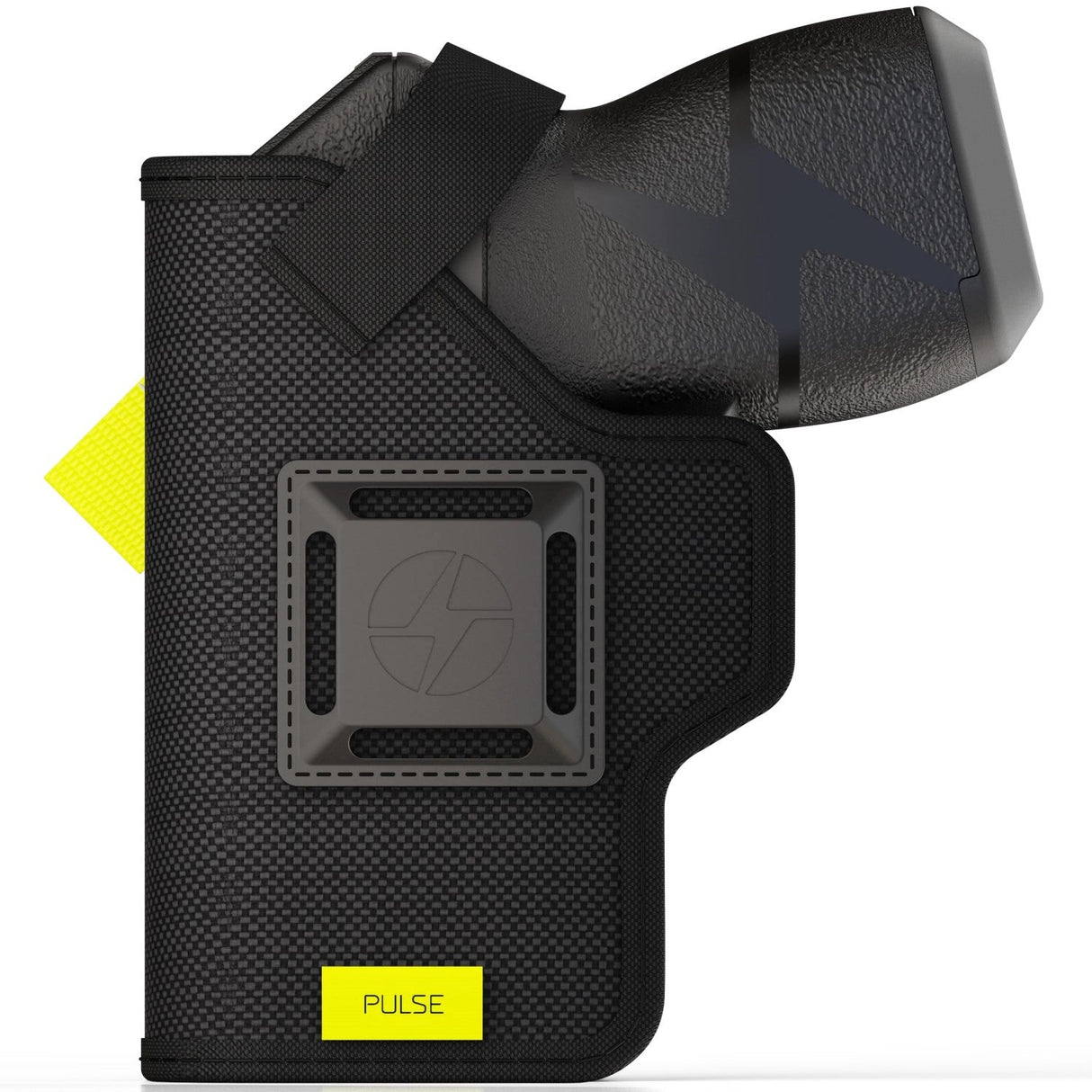 a view of the TASER Pulse Nylon Holster w/ Adjustable Metal Belt Clip with a stun gun attached