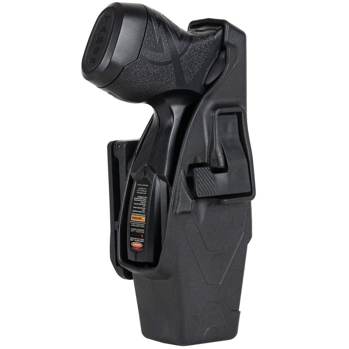 a side view of the TASER X1 Reloadable Shooting Stun Gun in its holster with an attached clip