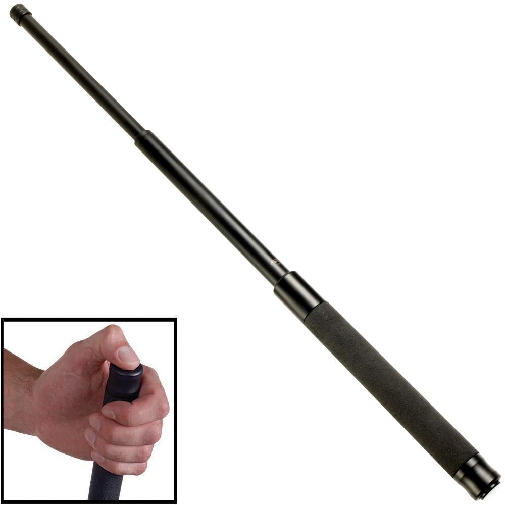 24 inch Black ASP Talon Infinity in extended state with a foam grip, showing a close-up of the release button on the handle end