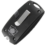 a back view of the The Protector Self-Defense Keychain alarm, showing its metal attach clip