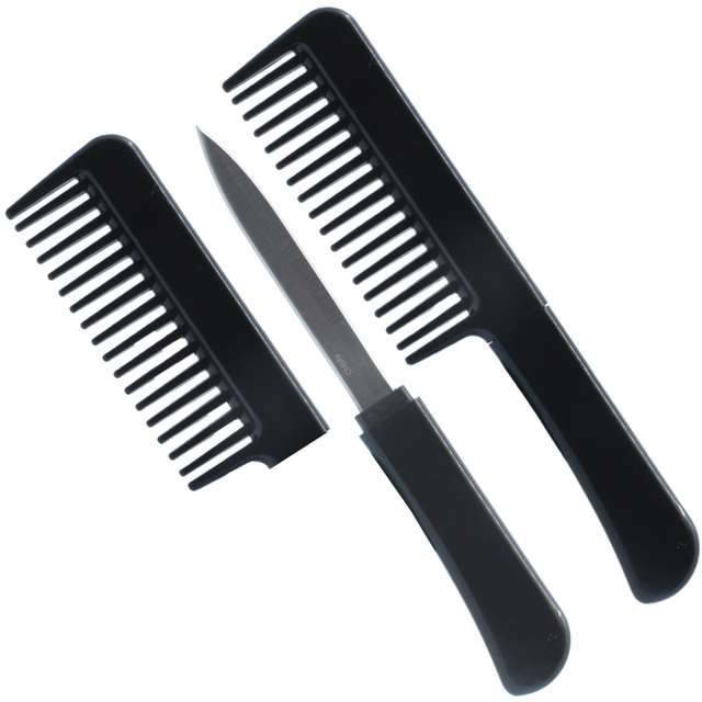black Tiger-USA Comb Knife, disassembled to show the hidden stainless steel blade between the two comb pieces